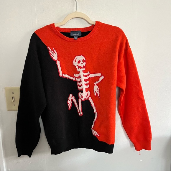 Modcloth Sweaters - ModCloth Skeleton Print Halloween Sweater Black Orange Size L Novelty Comfy